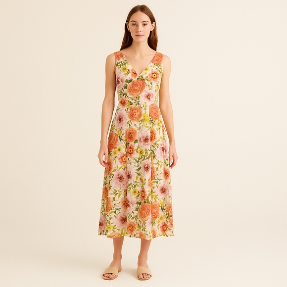 Paper Heart Anthropologie Floral Midi Dress Women Size Large V-Neck Linen blend - Picture 1 of 15